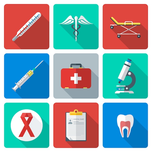 Vector varios iconos médicos de color estilo plano con sombra