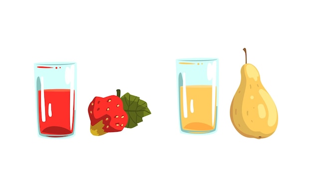 Vector de un vaso de jugo recién exprimido con ingrediente de fruta descansado cerca