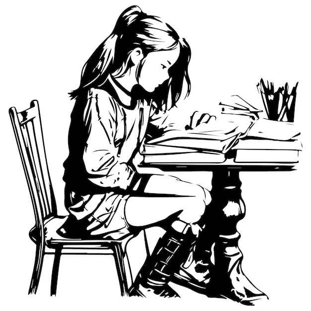Vector un vector de una niña Se sienta en la mesa con un libro para colorear en blanco y negro