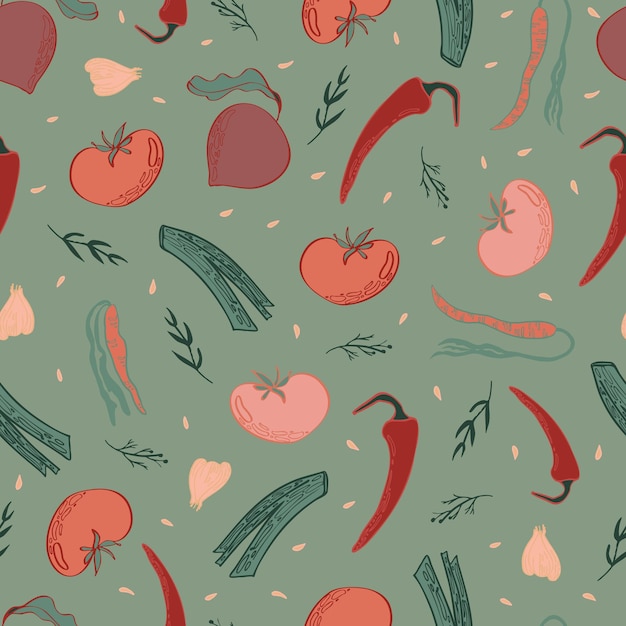 Vector vegetal de patrones sin fisuras colorido vegano comida de cosecha estacional