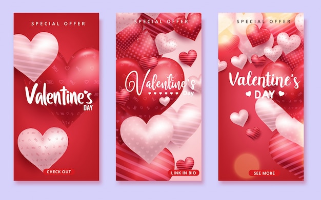 Vector de venta del día de San Valentín con globos en forma de corazón rojo en fondo rojo para la temporada de San Valentín