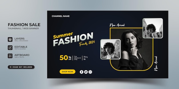Vector venta de moda descuento miniatura de youtube o diseño de plantilla de banner web