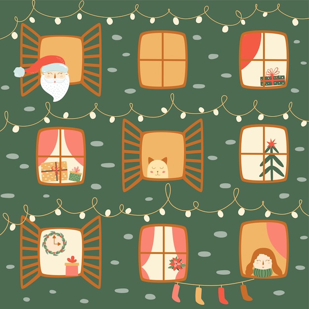 Vector de ventanas navideñas Ventanas lindas de una casa de apartamentos en la noche de Navidad o Año Nuevo Personaje de dibujos animados esperando Navidad Ilustración de celebración de año nuevo y Navidad en estilo plano