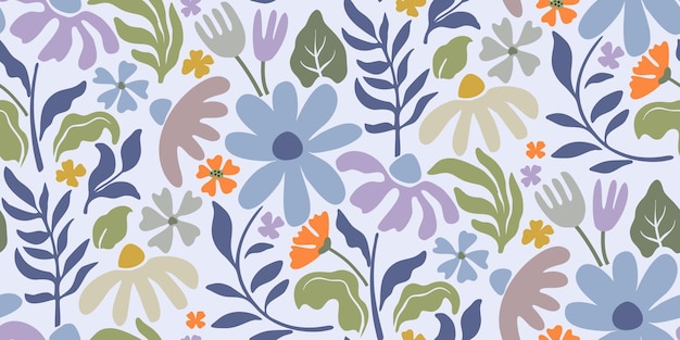Vector de verano patrón sin costuras con elementos naturales flores hojas en estilo moderno de moda