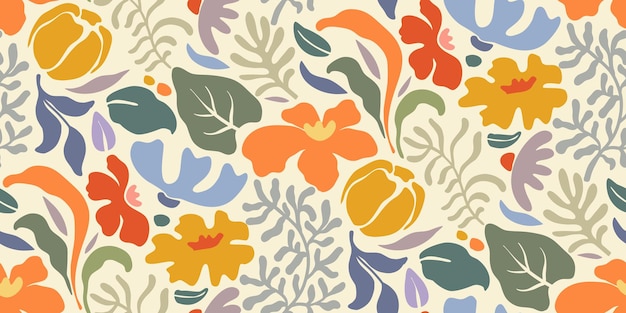 Vector de verano patrón sin costuras con elementos naturales flores hojas en estilo moderno de moda