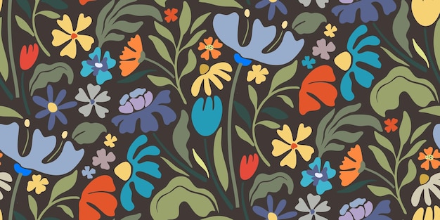 Vector de verano patrón sin costuras con elementos naturales flores hojas en estilo moderno de moda