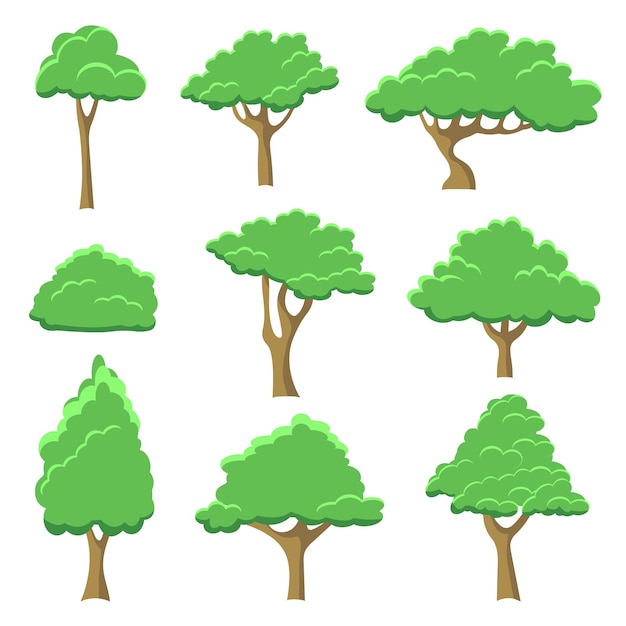 Vector verde árboles conjunto elemento de diseño plano de dibujos animados