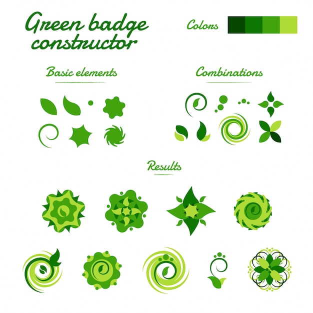 El vector verde del concepto de la insignia, del logotipo y del constructor del icono fijó con símbolos del diseño de la naturaleza.