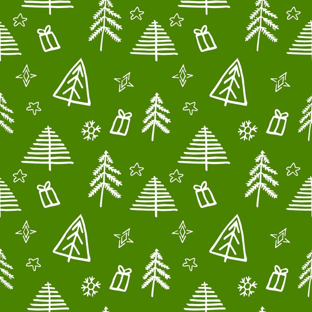 Vector verde de patrones sin fisuras de árbol de Navidad blanco y caja de regalo de Navidad