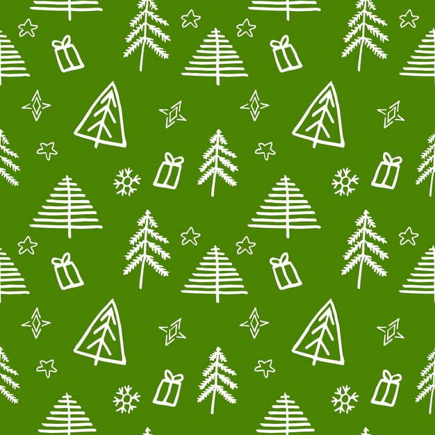 Vector verde de patrones sin fisuras de árbol de Navidad blanco y caja de regalo de Navidad