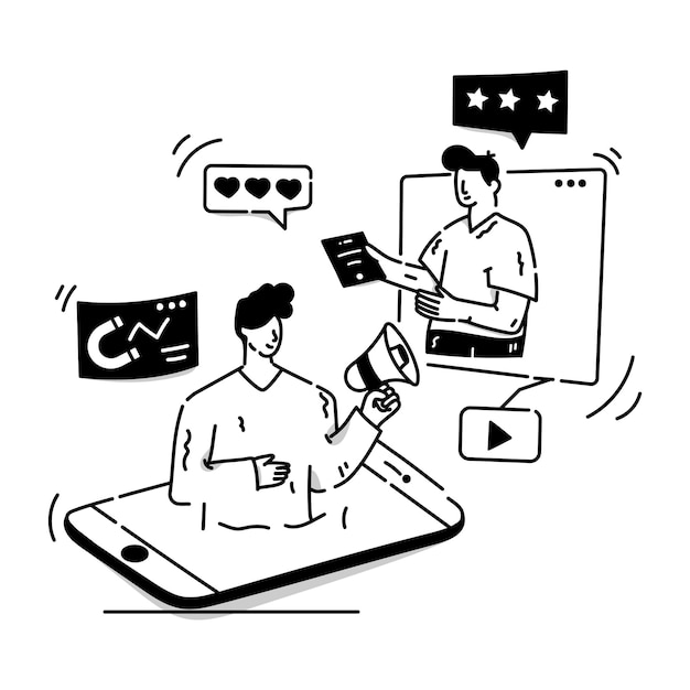 Vector de video marketing en ilustración dibujada a mano