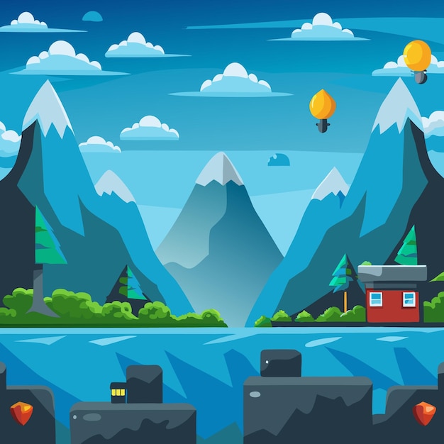 Vector de videojuego con cielo azul en el fondo
