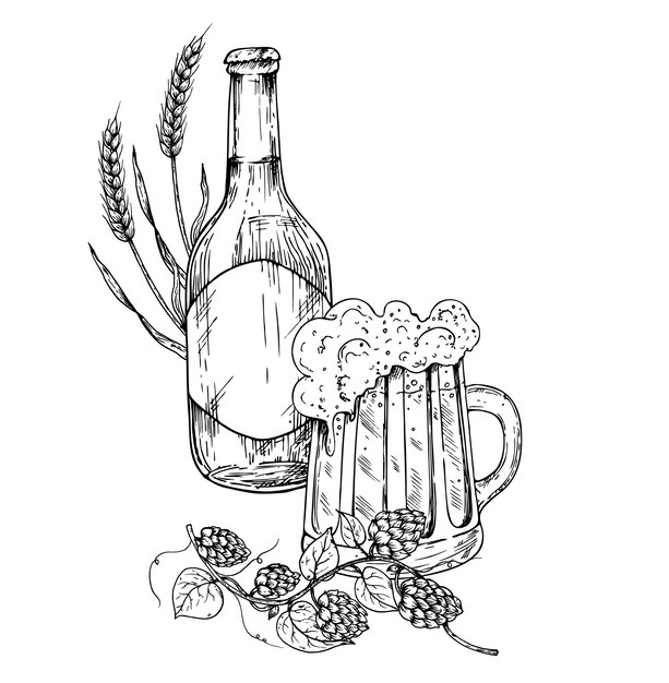 Vector de vidrio y botella de cerveza con tapa de espuma y lúpulo común ilustración de tinta gráfica de cerveza orgánica