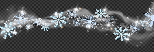 Vector de viento de nieve de invierno Copos de nieve de ventisca de Navidad borde blanco escarcha humo brillar tormenta