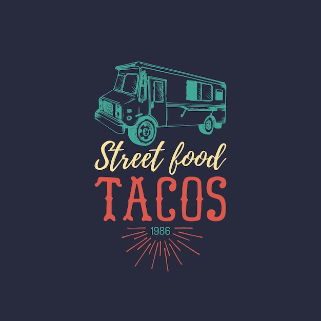 Vector vintage comida mexicana camión cartel Tacos icono Retro dibujado a mano hipster calle snack coche ilustración