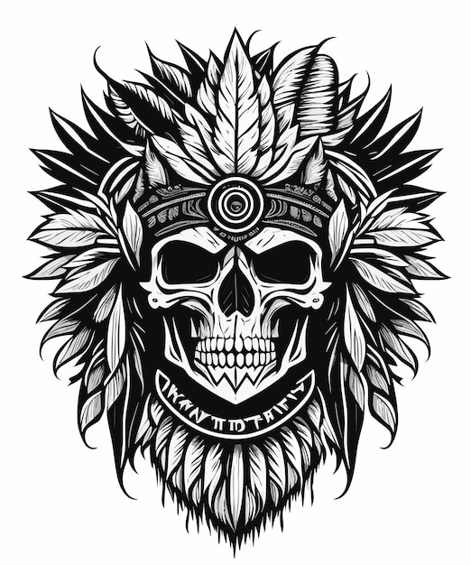 un vector vintage de diseño de arte de ilustración de cráneo indio estilo tatuaje dibujado a mano monocromo