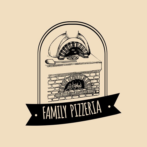 Vector vintage hipster logo de comida italiana signo de pizza moderna ilustración de cocina dibujada a mano