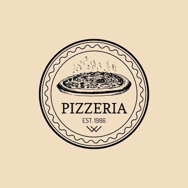 Vector vintage hipster logo de comida italiana signo de pizza moderna ilustración de cocina dibujada a mano