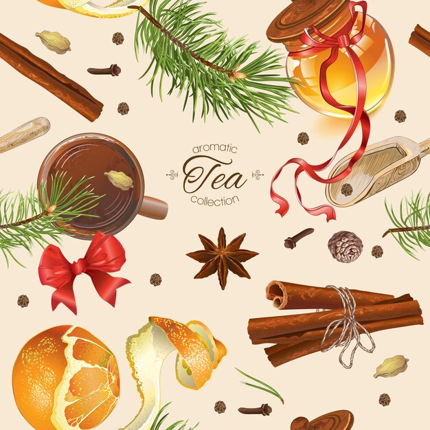Vector vintage de Navidad patrón sin costura con ramas de pino taza de té y especias