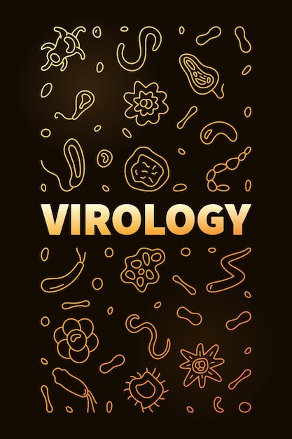 Vector de virología microbiología y concepto de virus esquema ilustración dorada o banner vertical con fondo oscuro