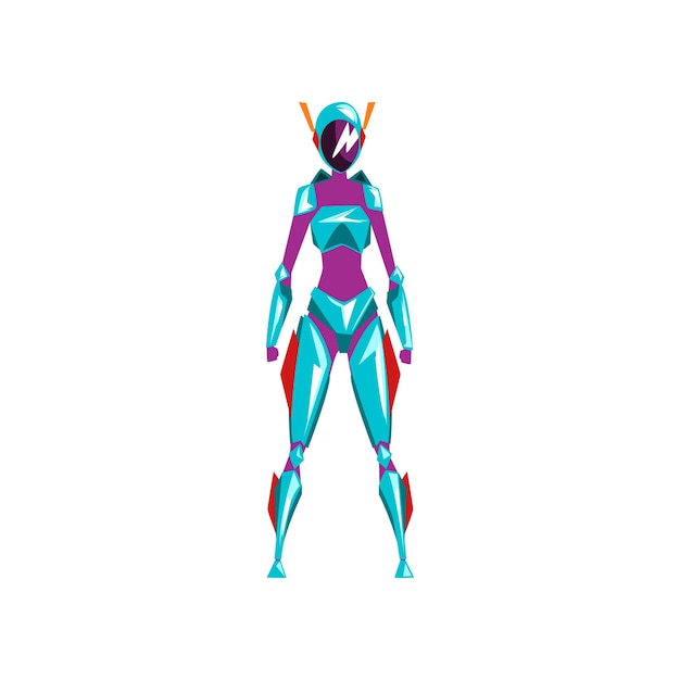 Vector vector de vista frontal de traje de cyborg de superhéroe de traje espacial de robot femenino azul ilustración aislada sobre fondo blanco