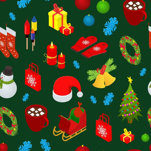 Vector de vista isométrica 3d de fondo de patrones sin fisuras de celebración de Navidad