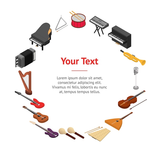 Vector de vista isométrica de círculo de tarjeta de banner de instrumentos musicales