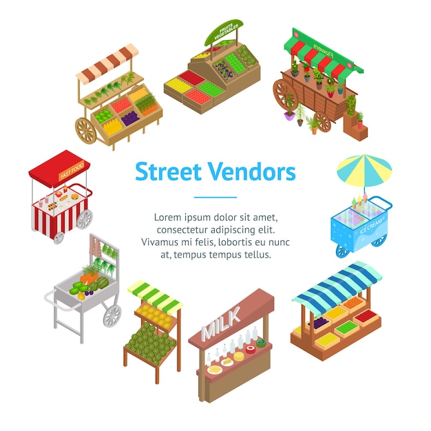 Vector de vista isométrica del círculo de tarjetas de pancartas 3D de los vendedores de alimentos en las calles