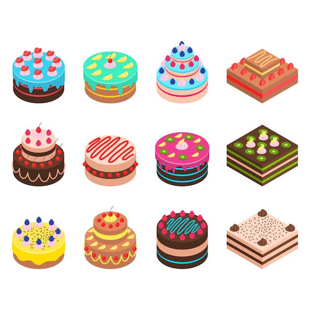 Vector de vista isométrica del conjunto de iconos 3D de la señal de pastel