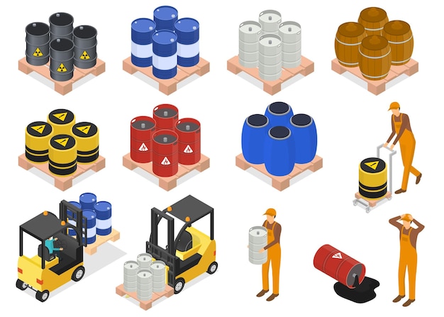 Vector de vista isométrica del conjunto de iconos 3D del signo de barriles