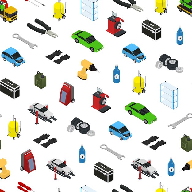 Vector de vista isométrica de fondo de patrones sin fisuras de servicio de coche