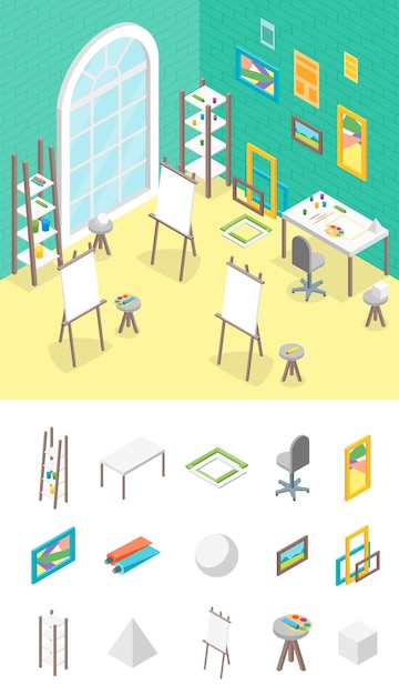 Vector de vista isométrica de parte de elementos y lugar de trabajo del artista