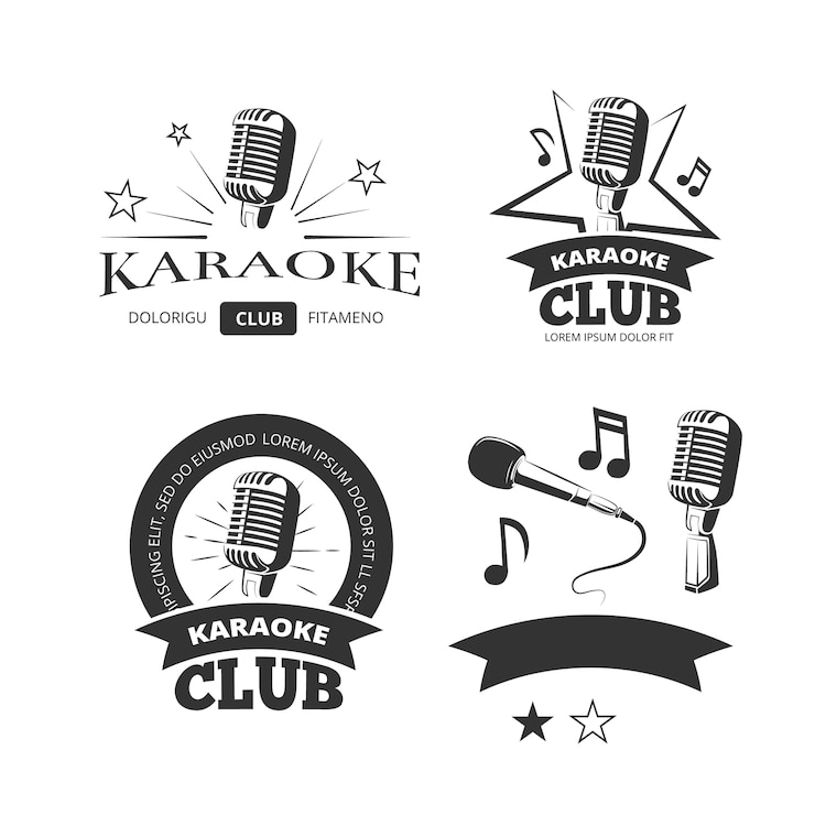 Vector el vector vocal del karaoke del vintage etiqueta los emblemas de las insignias. plantilla de logotipos para el club de karaoke illustrati