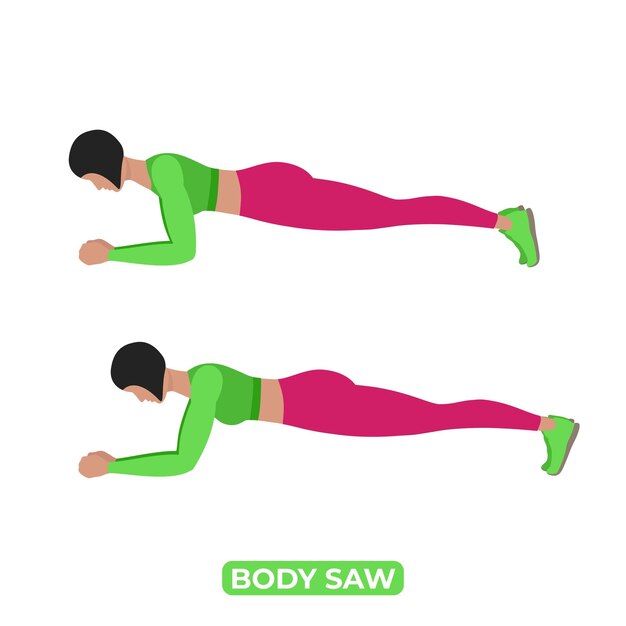 Vector Woman haciendo Body Saw Peso corporal Fitness Ejercicio de entrenamiento del núcleo y los hombros