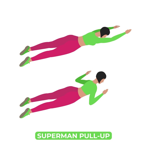 Vector vector woman haciendo superman pull up bodyweight fitness ejercicio de entrenamiento de espalda y núcleo