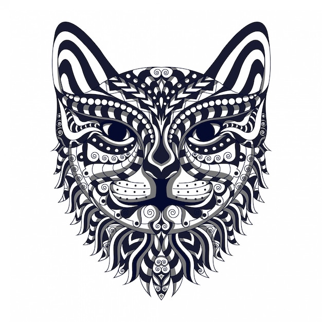 Vector de zentangle cabeza de gato estilizado blanco y negro