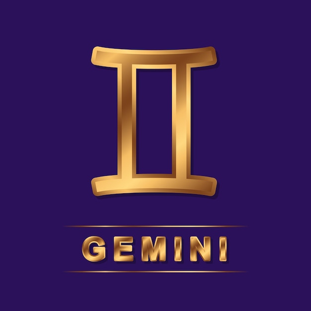 El vector del zodiaco dorado de Géminis canta con letras doradas en el fondo morado oscuro