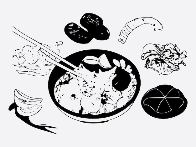 Vector vectores de colección blanco negro de comida asiática