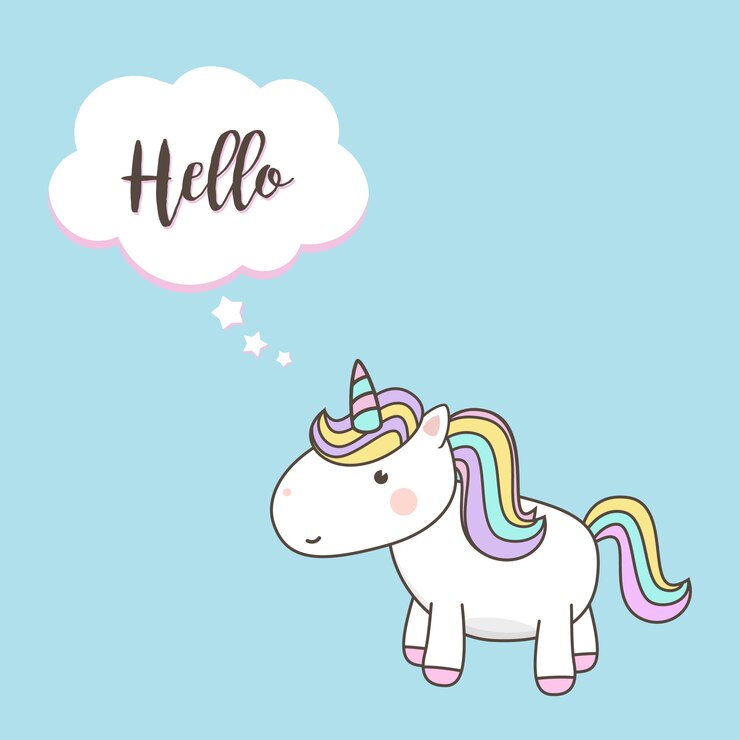 Vectores lindos del personaje de dibujos animados del unicornio con el arco iris en colores pastel. Kawaii Filly Unicornio