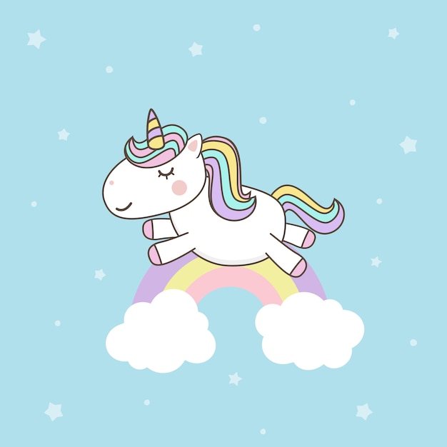 Vectores lindos del personaje de dibujos animados del unicornio con el arco iris en colores pastel. kawaii filly unicornio