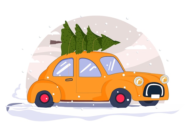 Vectores planos de la Feliz Navidad del coche del árbol de pino