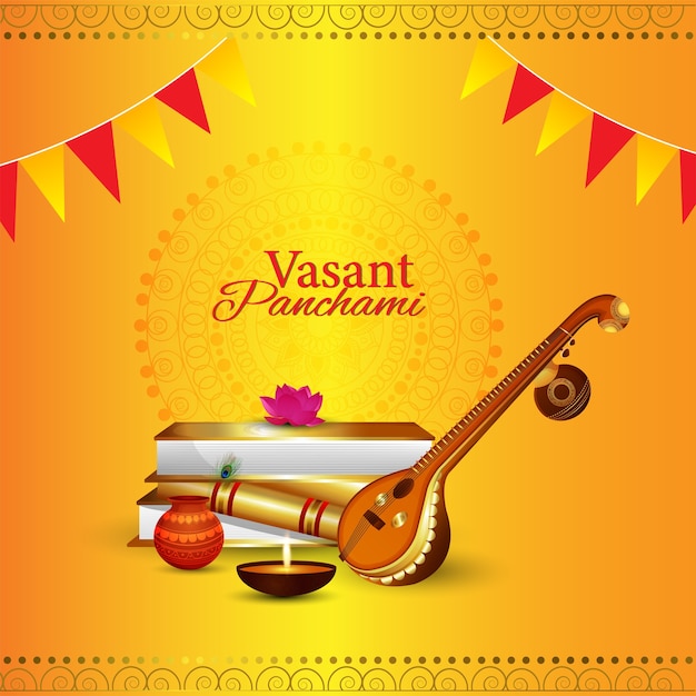 Veena y libros para el fondo de celebración de happy vasant panchami