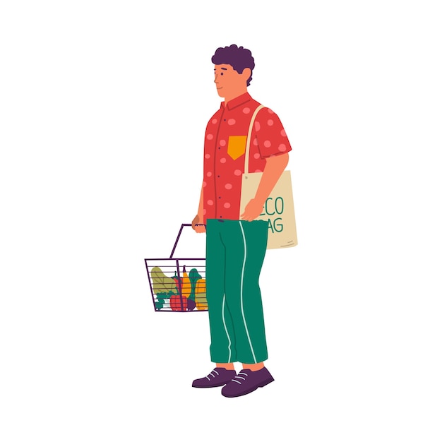 Veganos y alimentos orgánicos Vegetariano con comida natural Personaje comprando verduras Hombre que lleva la canasta de comestibles y la bolsa ecológica Estilo de vida saludable Cliente del supermercado Vector vegetariano