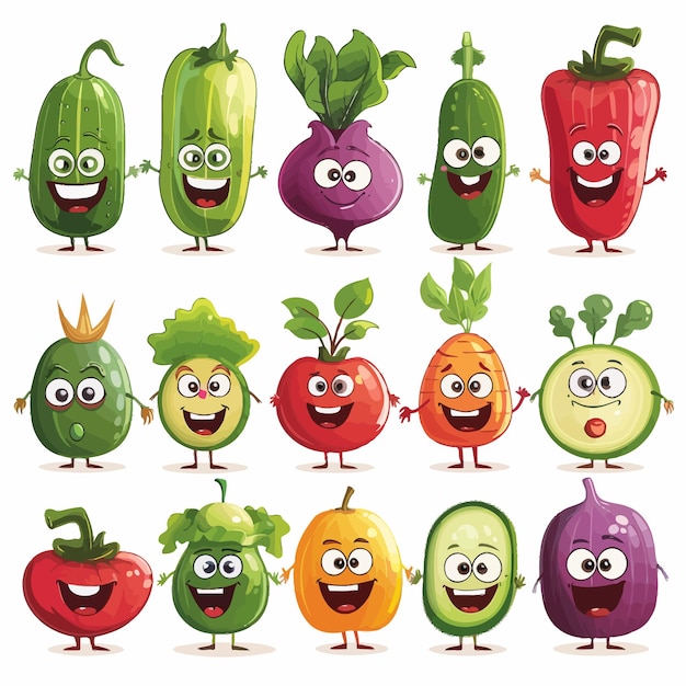 Vegetables y personajes de dibujos animados y frescos y orgánicos