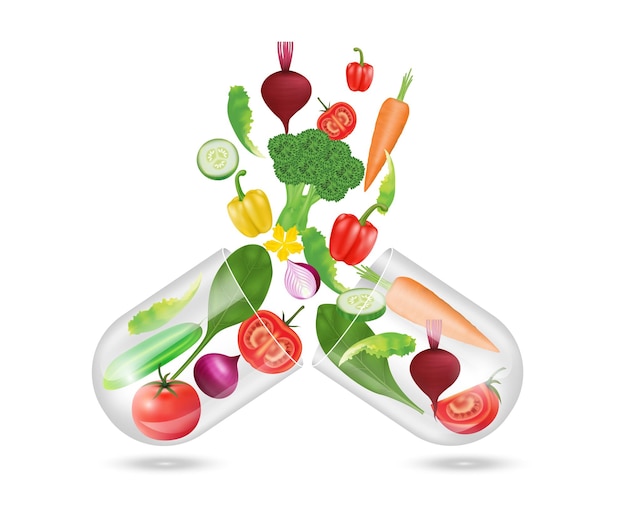 Vector vegetal dentro de cápsula transparente abierta rica en vitaminas y suplementos
