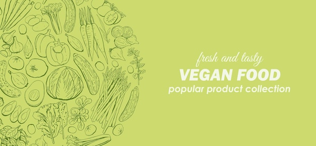 Vegetales Alimentos Vista superior Fondo verde Banner vectorial de alimentos orgánicos