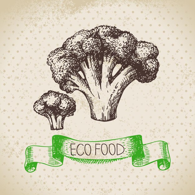 Vegetales de brócoli boceto dibujado a mano. fondo de comida ecológica ilustración vectorial