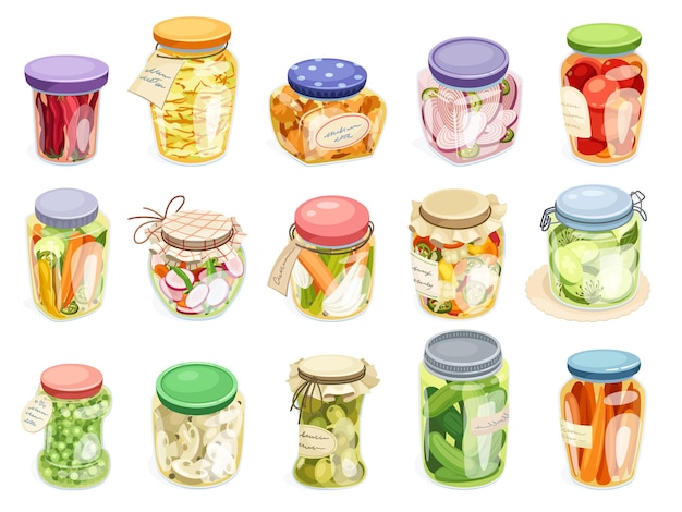 Vegetales en conserva alimentos encurtidos frascos de vidrio marinadas caseras cocina conservación de comidas enlatado frutas tomates ensalada de repollo conservar guisantes pepinos ilustración vectorial neotérica