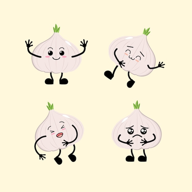 Vegetales dibujos animados bonitos ajo con diferentes emociones