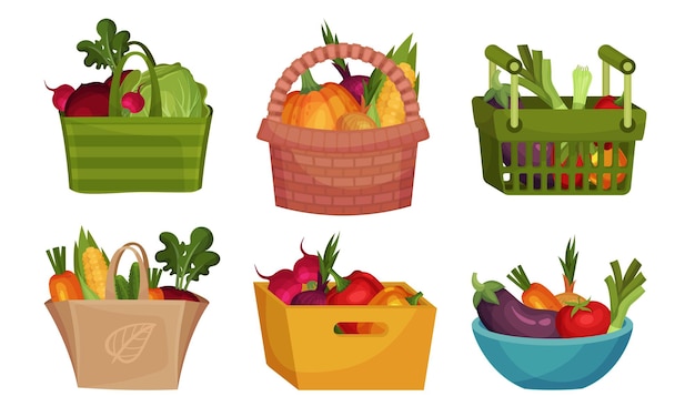 Vector vegetales frescos en bolsas de papel y cestas de plástico